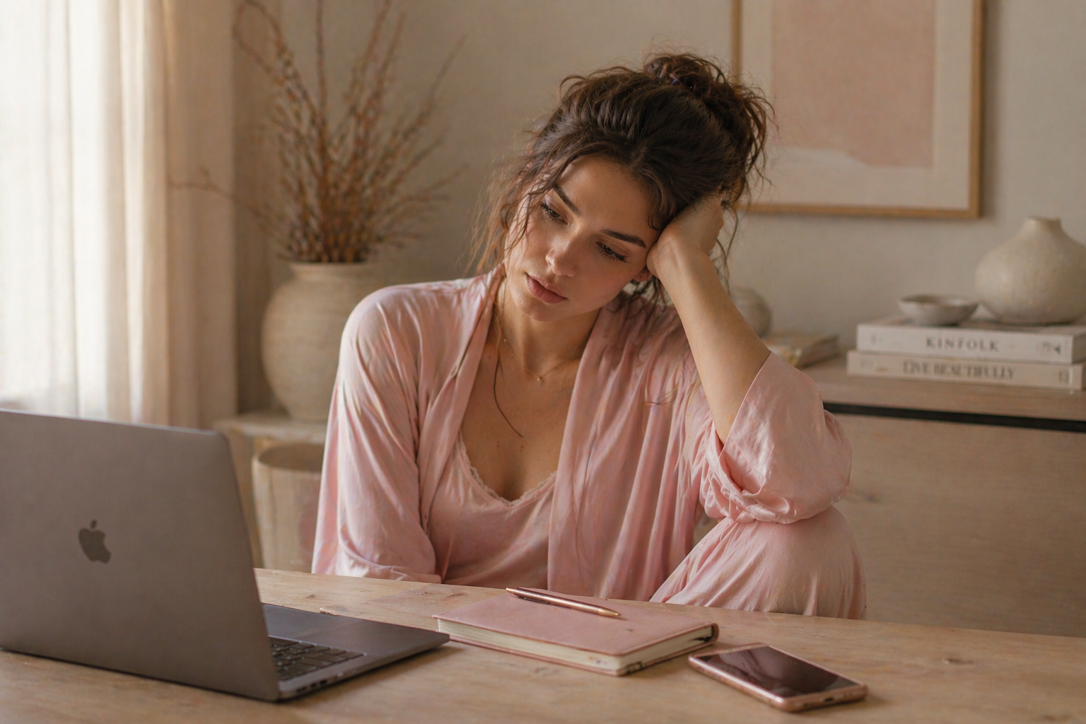 A woman in a soft pink robe sitting at a table with a laptop and notebook, looking quietly exhausted