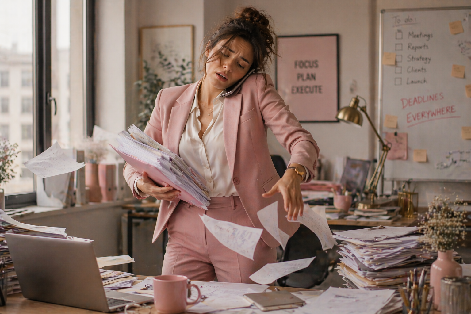An elegant young woman in a soft pink outfit overwhelmed at her desk with papers falling around her